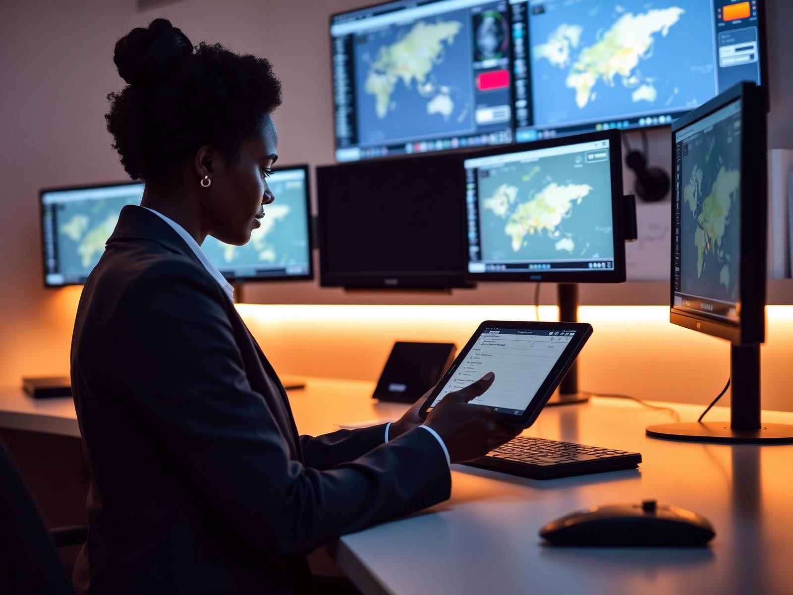 Tulla Travel coordinator monitoring group flights from a Nairobi operations desk