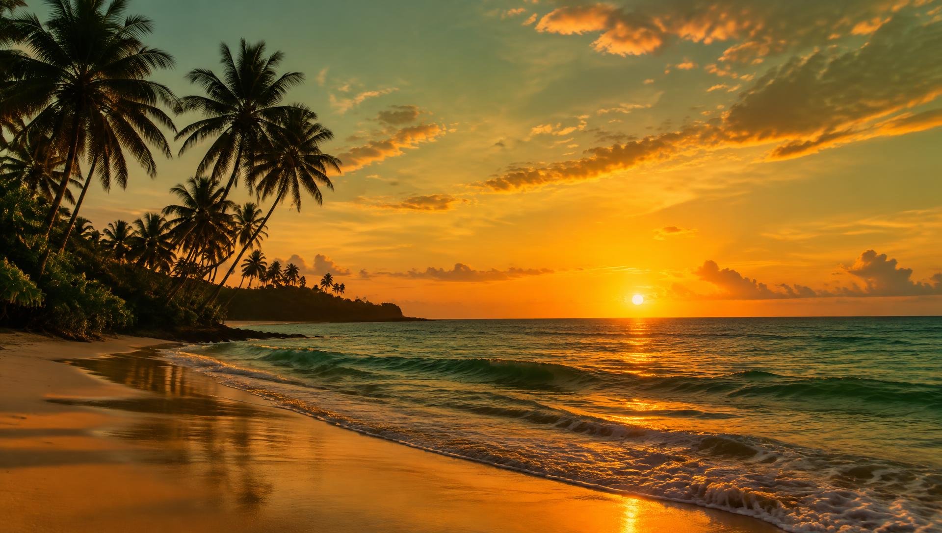 Kenyan coast shoreline at sunset, palms silhouetted against golden light